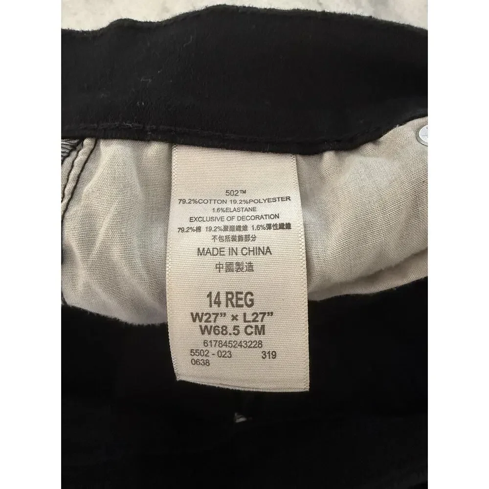 Levis 502 Jeans Boys 14 Reg 27x27 Black Denim Pants Reg Taper Fit Hole in Knee